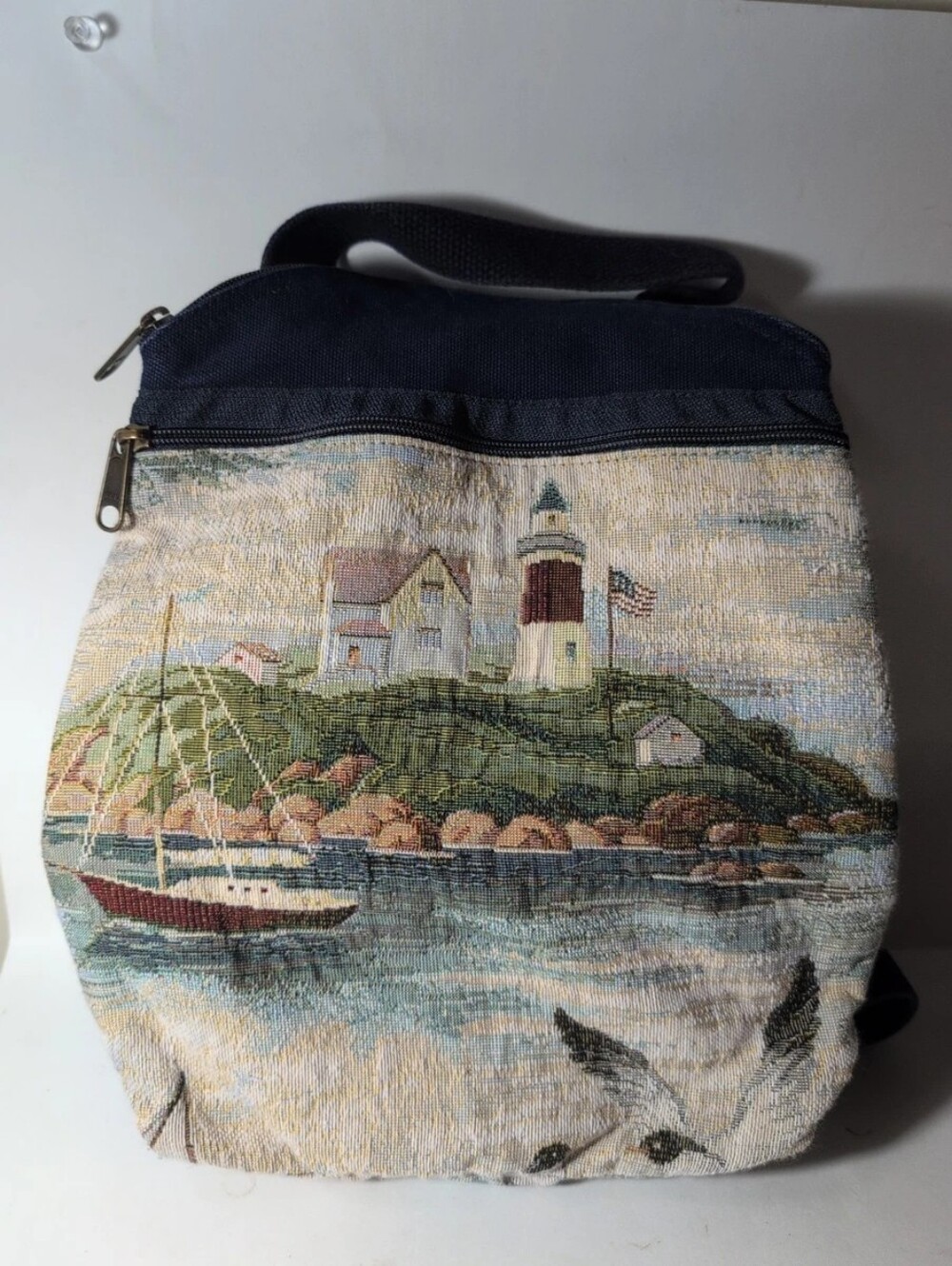 “My Maine Bag” Tapestry Canvas Mini Backpack Bag Lighthouse, Sailboat Landscape